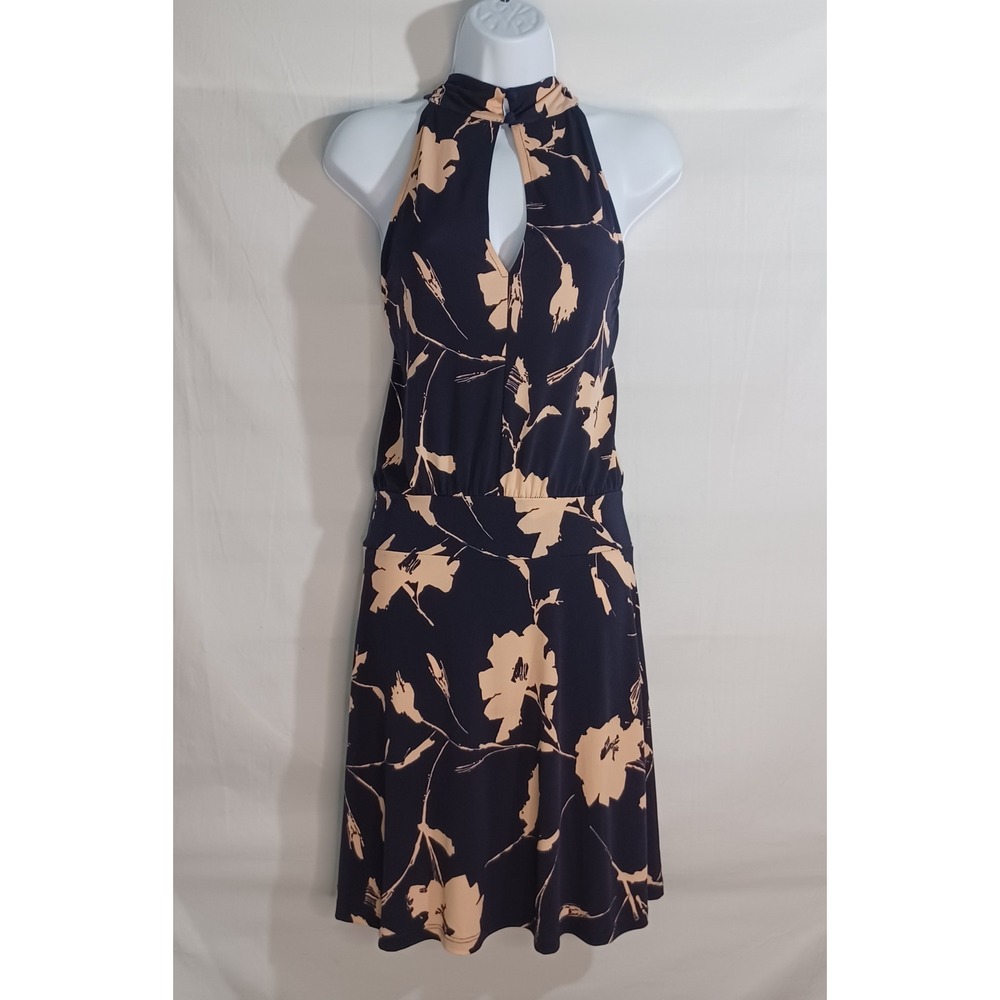 Women's Veronica M Dark Blue & Peach Halter Tropical Floral Tiki Dress‎ Size XS